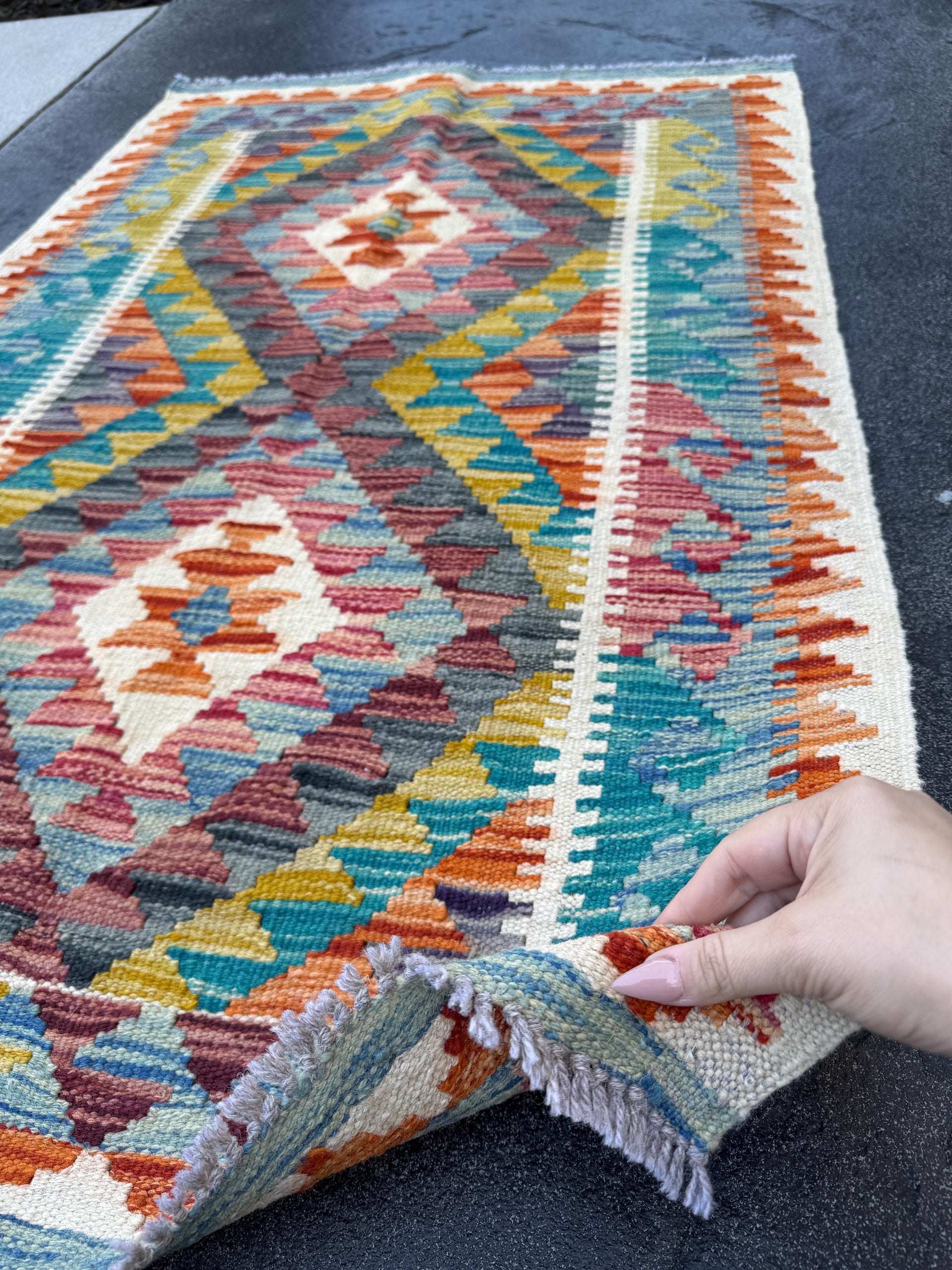 3x4 Handmade Afghan Kilim Rug | Teal Denim Blue Blood Red Maroon Burnt Orange Olive Moss Green Charcoal Grey Cream Ivory | Wool Flatwoven