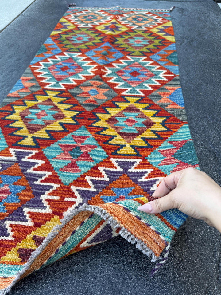 2x5 Handmade Afghan Kilim Runner Rug | Burnt Orange Teal Eggplant Purple Cream Mustard Gold Chocolate Navy Blue Olive Moss | Wool Flatwoven