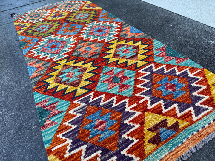 2x5 Handmade Afghan Kilim Runner Rug | Burnt Orange Teal Eggplant Purple Cream Mustard Gold Chocolate Navy Blue Olive Moss | Wool Flatwoven