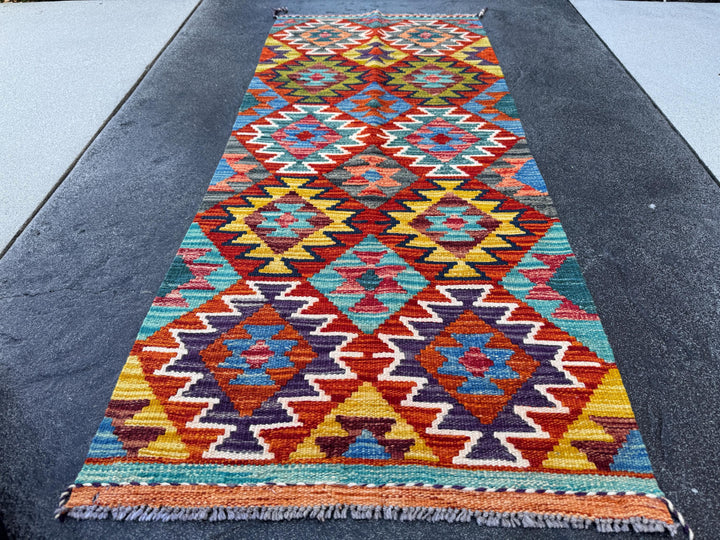 2x5 Handmade Afghan Kilim Runner Rug | Burnt Orange Teal Eggplant Purple Cream Mustard Gold Chocolate Navy Blue Olive Moss | Wool Flatwoven