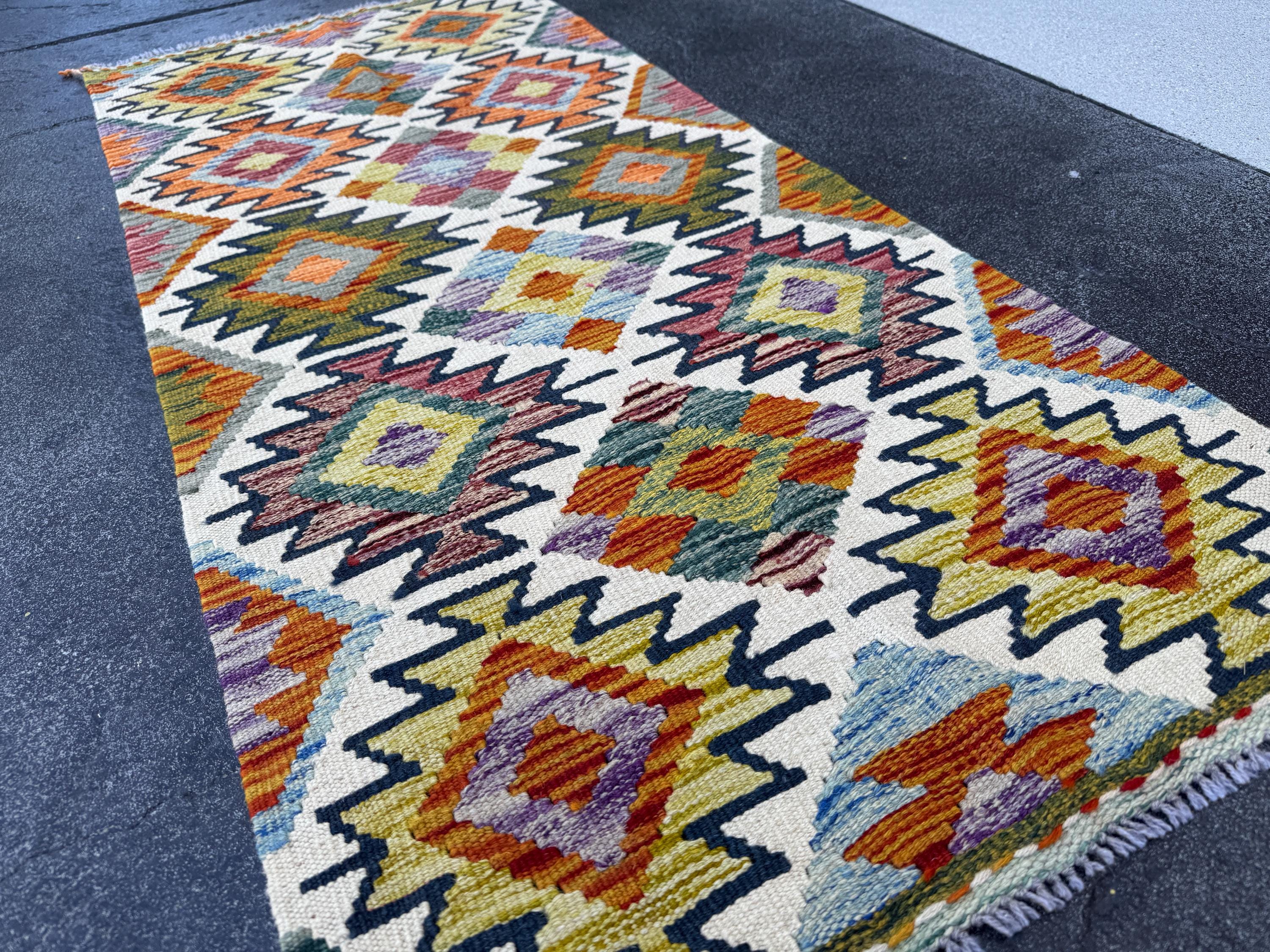 2x5 Handmade Afghan Kilim Runner Rug | Cream Olive Moss Pine Green Maroon Red Burnt Orange Teal Purple Grey Denim Blue | Wool Flatwoven