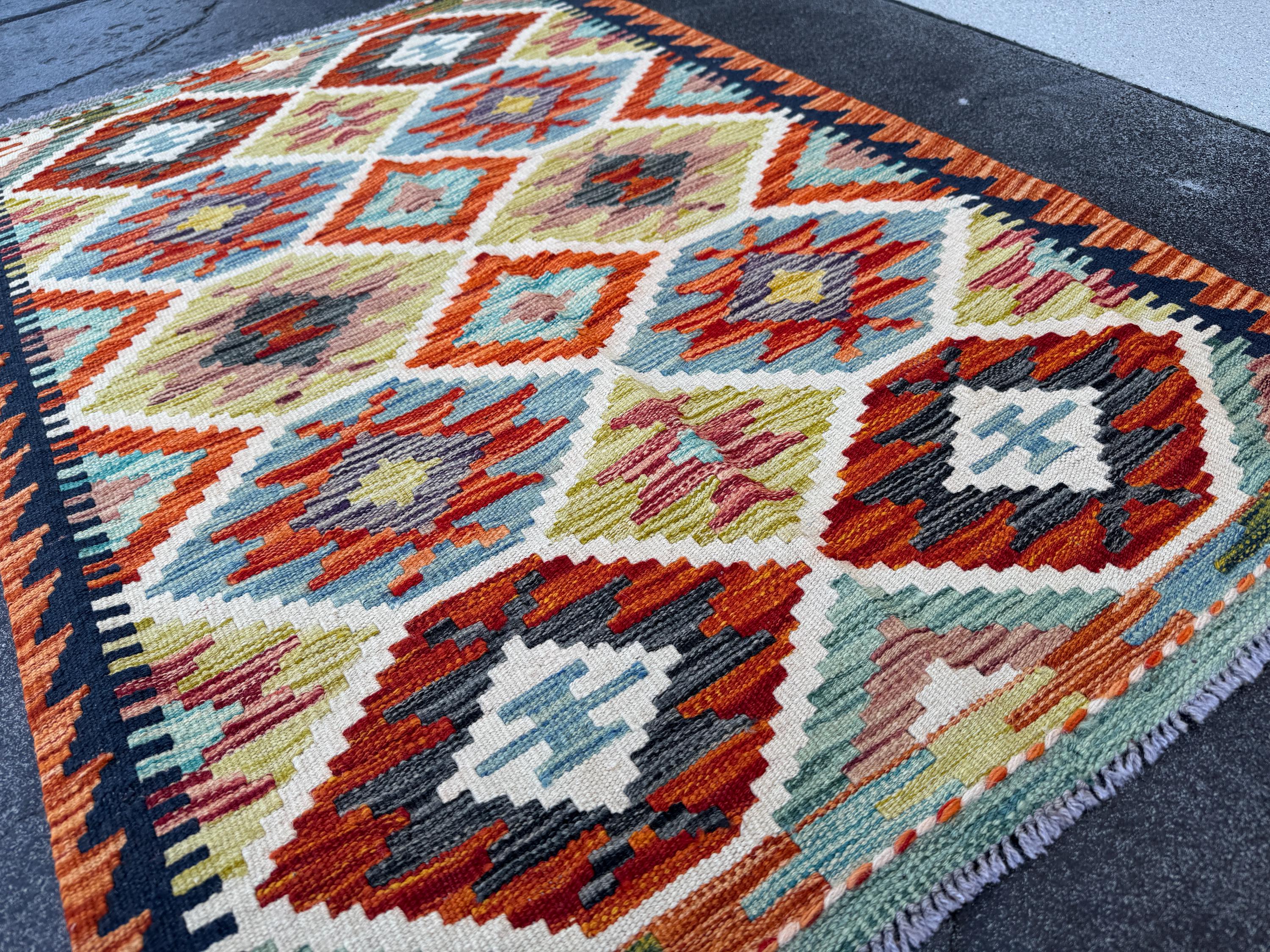 3x4 Handmade Afghan Kilim Rug | Olive Moss Green Ivory Cream Burnt Orange Charcoal Grey Midnight Sky Light Blue Red | Wool Flatwoven