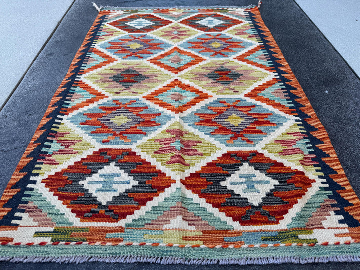 3x4 Handmade Afghan Kilim Rug | Olive Moss Green Ivory Cream Burnt Orange Charcoal Grey Midnight Sky Light Blue Red | Wool Flatwoven