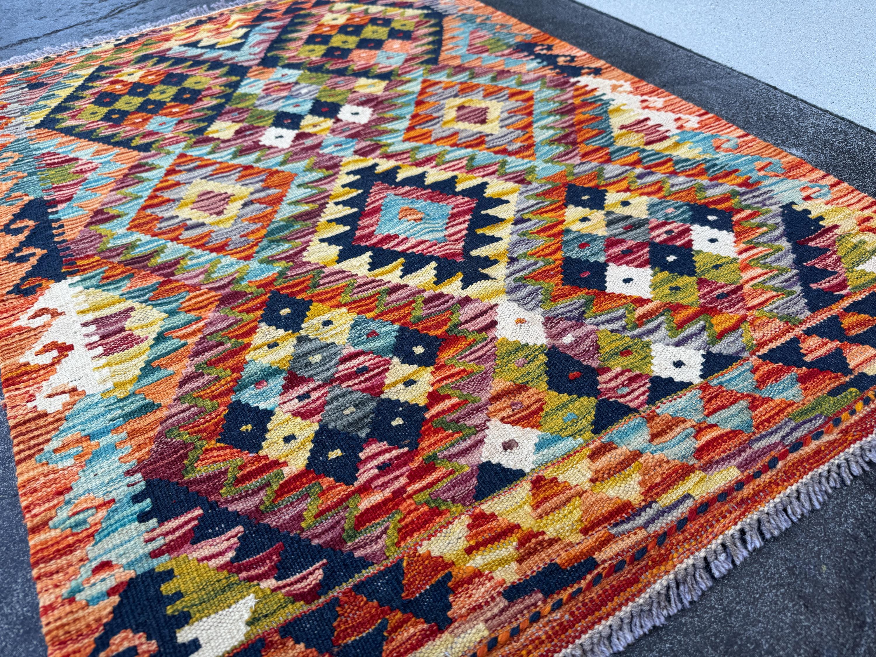 3x4 Handmade Afghan Kilim Rug | Burnt Rust Orange Mustard Gold Grey Maroon Ivory Teal Red Charcoal Black Olive Moss Green | Wool Flatwoven
