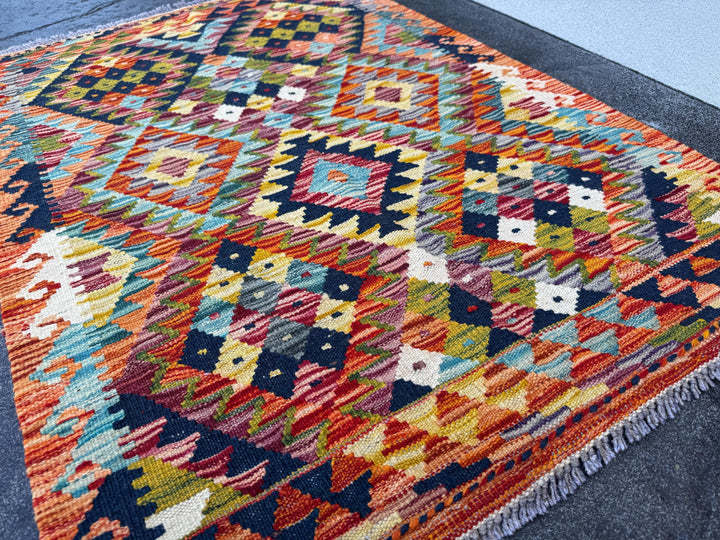 3x4 Handmade Afghan Kilim Rug | Burnt Rust Orange Mustard Gold Grey Maroon Ivory Teal Red Charcoal Black Olive Moss Green | Wool Flatwoven