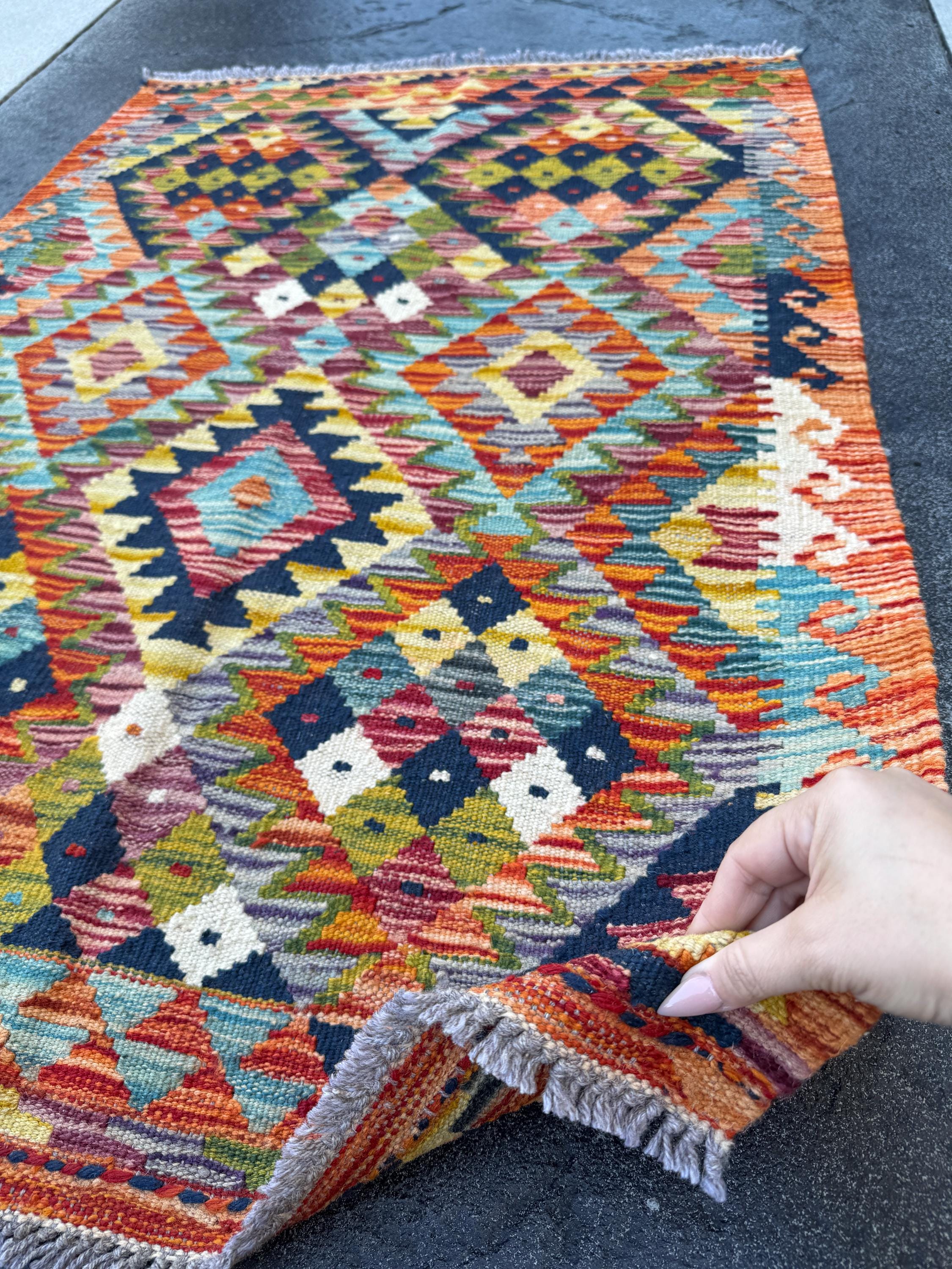 3x4 Handmade Afghan Kilim Rug | Burnt Rust Orange Mustard Gold Grey Maroon Ivory Teal Red Charcoal Black Olive Moss Green | Wool Flatwoven