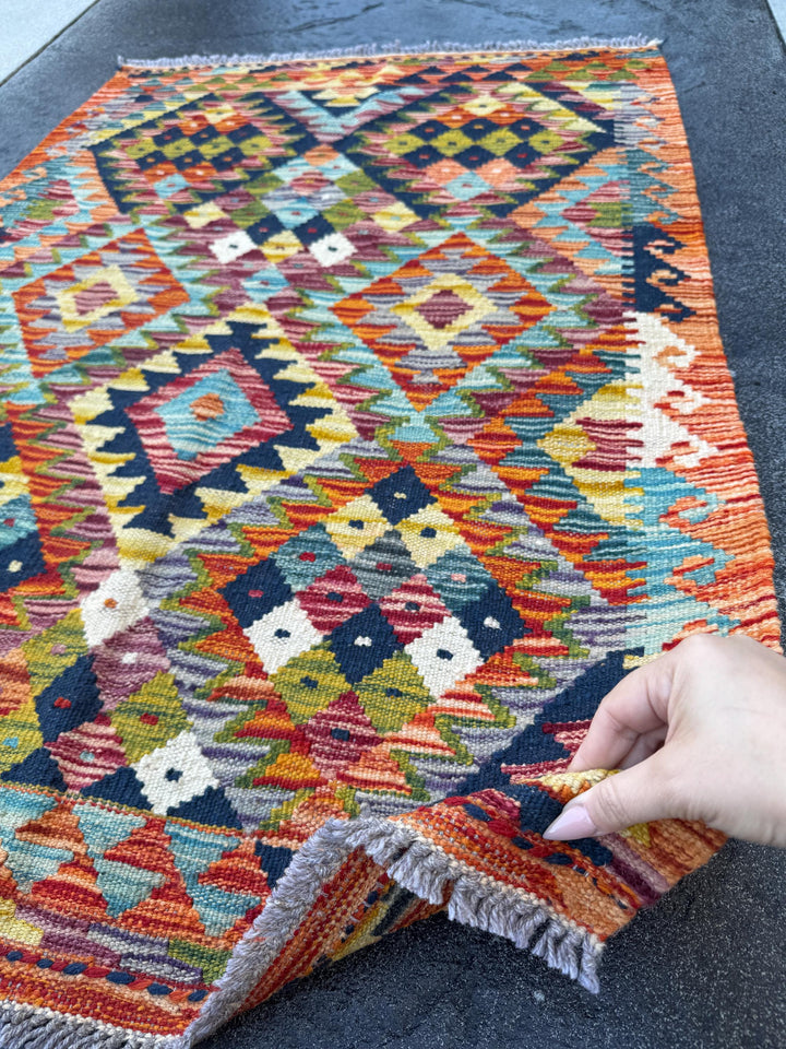 3x4 Handmade Afghan Kilim Rug | Burnt Rust Orange Mustard Gold Grey Maroon Ivory Teal Red Charcoal Black Olive Moss Green | Wool Flatwoven