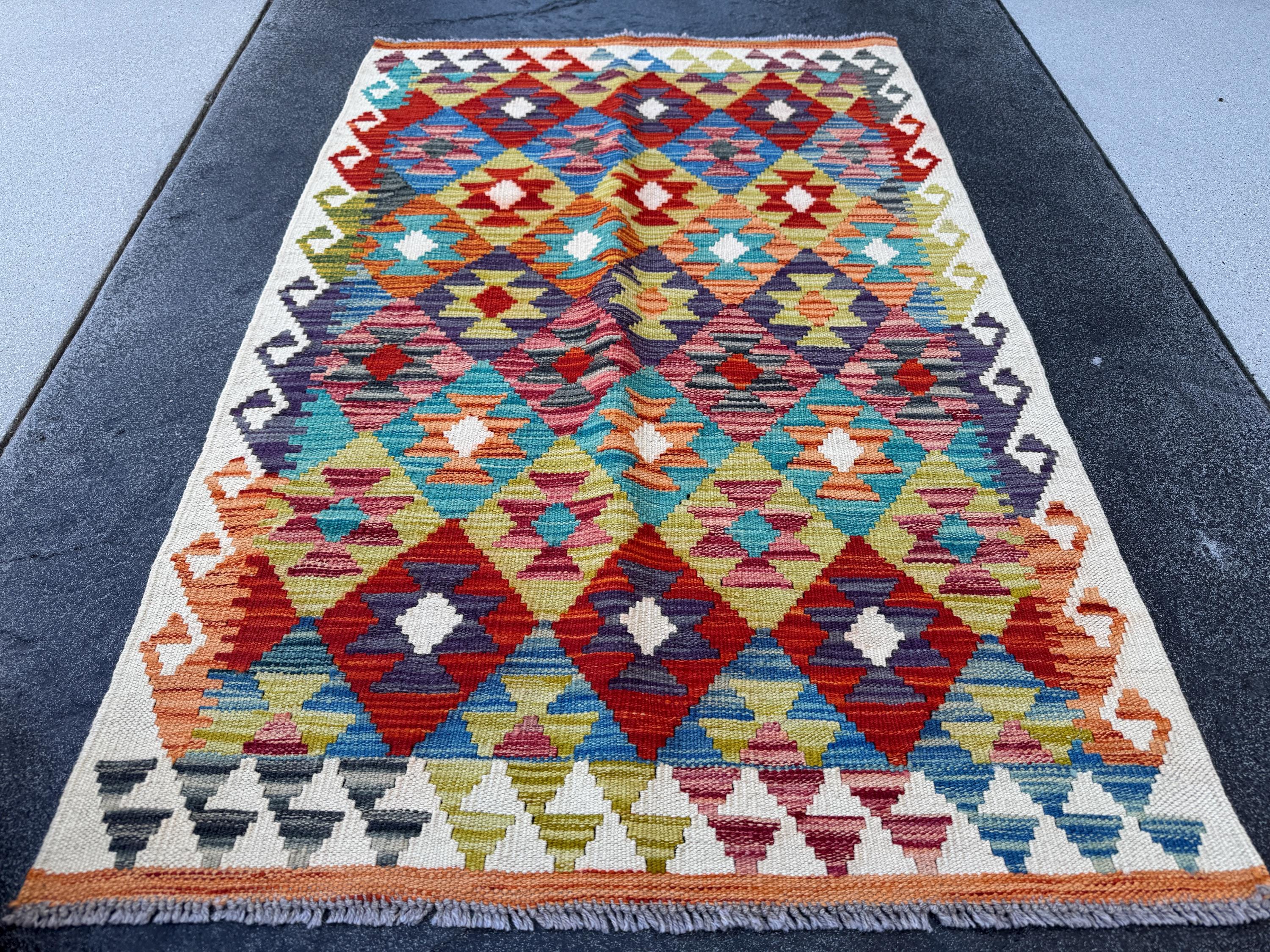 3x4 Handmade Afghan Kilim Rug | Blood Brick Red Olive Green Eggplant Purple Denim Blue Ivory Charcoal Grey Rust Orange Teal | Wool Flatwoven