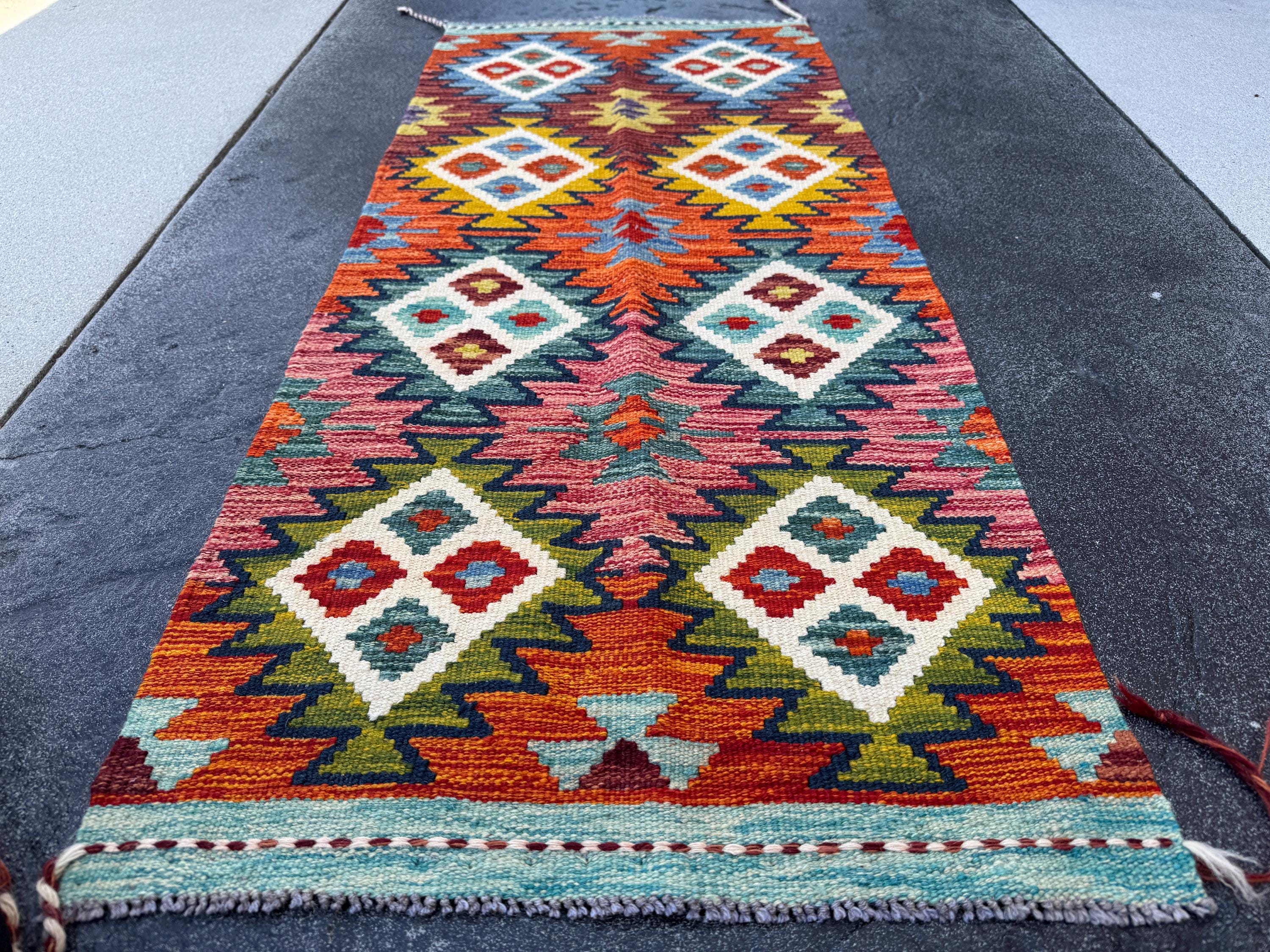 2x5 Handmade Afghan Kilim Runner Rug | Burnt Rust Orange Brick Red Teal Olive Moss Pine Green Ivory Cream Chocolate Brown Mustard Gold