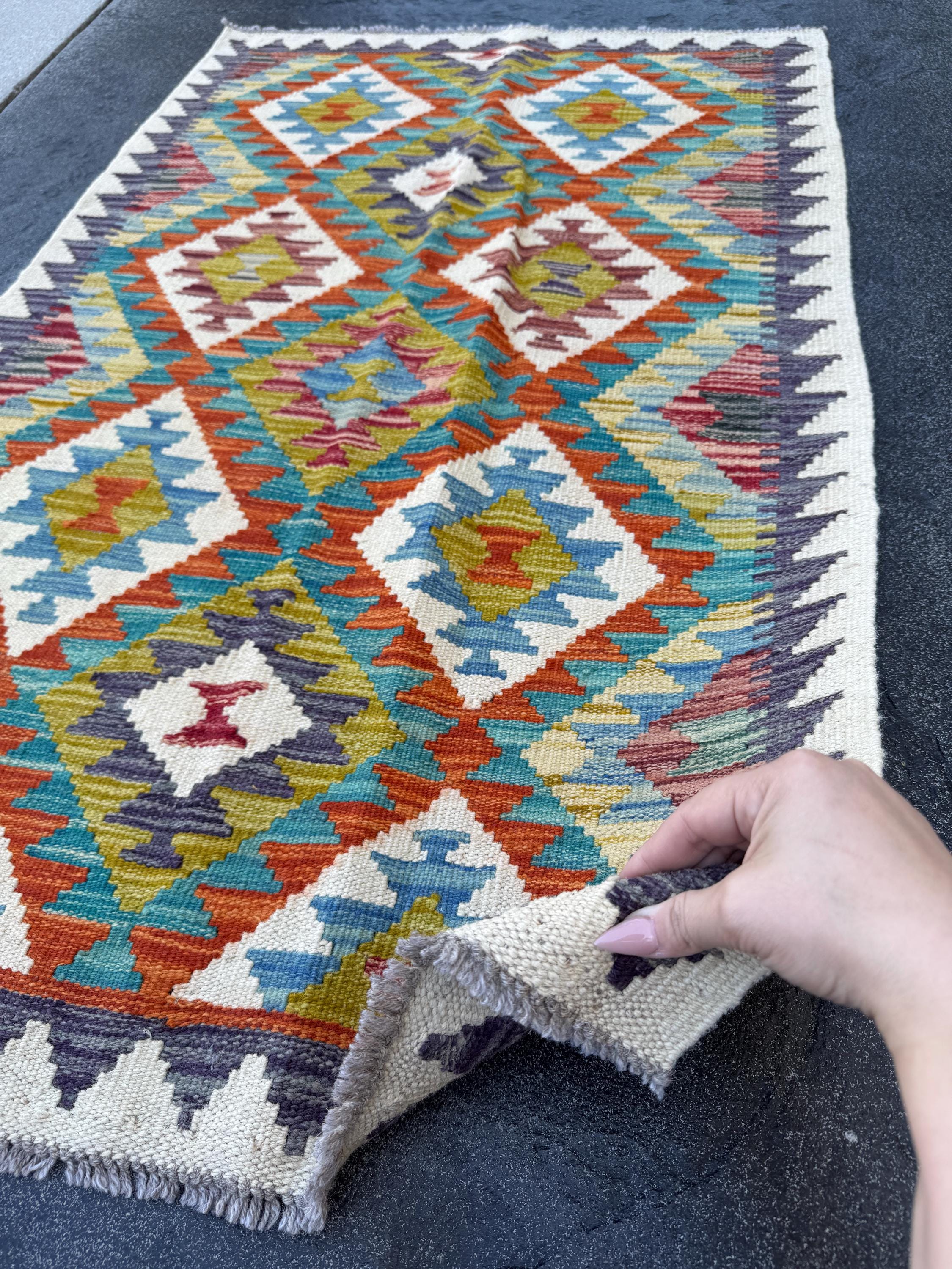 3x4 Handmade Afghan Kilim Rug | Cream Olive Moss Green Teal Turquoise Burnt Orange Charcoal Grey Chocolate Denim Light Blue | Wool Flatwoven