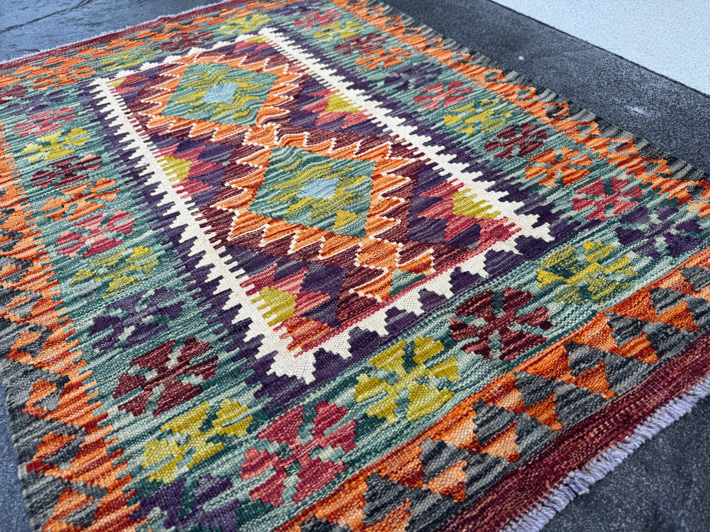 3x4 Handmade Afghan Kilim Rug | Teal Charcoal Grey Black Orange Chocolate Brown Olive Moss Pine Green Blood Red Cream Ivory | Wool Flatwoven