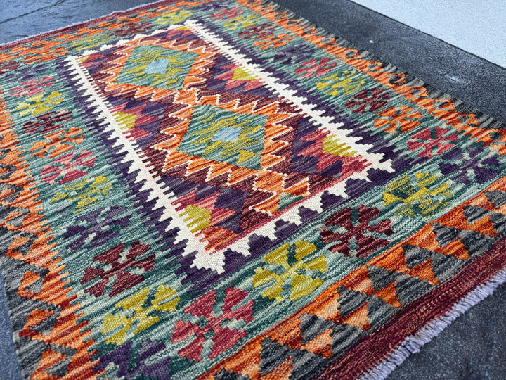 3x4 Handmade Afghan Kilim Rug | Teal Charcoal Grey Black Orange Chocolate Brown Olive Moss Pine Green Blood Red Cream Ivory | Wool Flatwoven