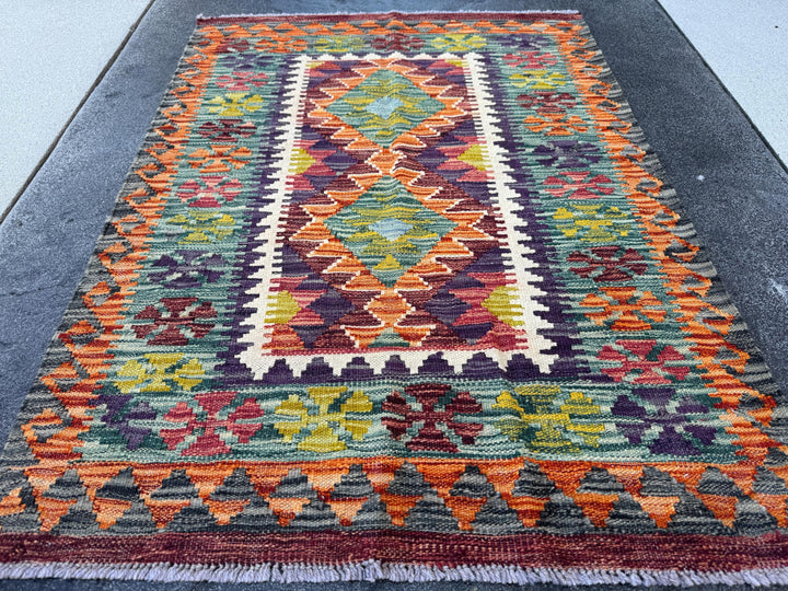 3x4 Handmade Afghan Kilim Rug | Teal Charcoal Grey Black Orange Chocolate Brown Olive Moss Pine Green Blood Red Cream Ivory | Wool Flatwoven