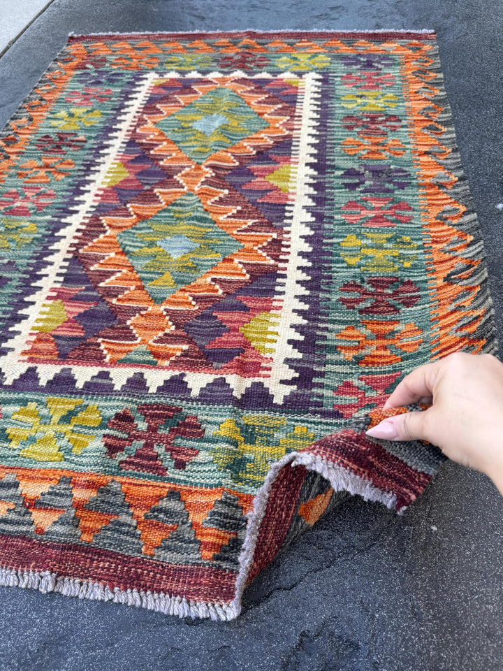 3x4 Handmade Afghan Kilim Rug | Teal Charcoal Grey Black Orange Chocolate Brown Olive Moss Pine Green Blood Red Cream Ivory | Wool Flatwoven