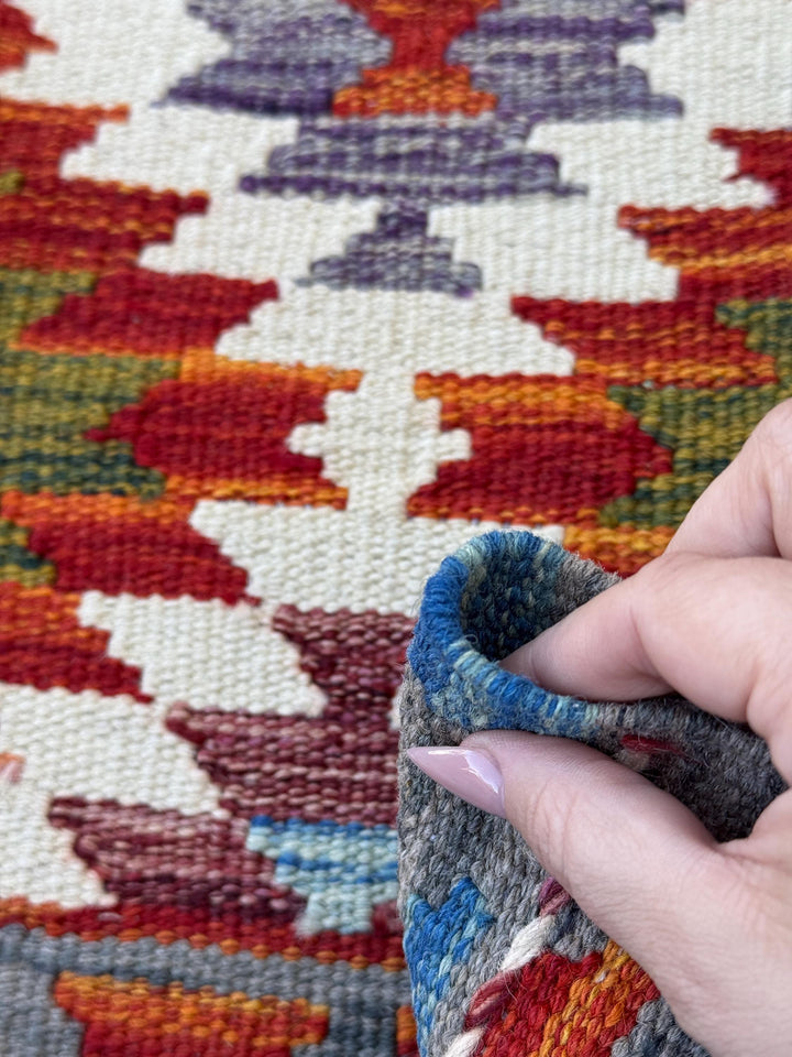 2x5 Handmade Afghan Kilim Runner Rug | Grey Burnt Rust Orange Cream Ivory Denim Sky Blue Teal Moss Pine Green | Wool Flatwoven