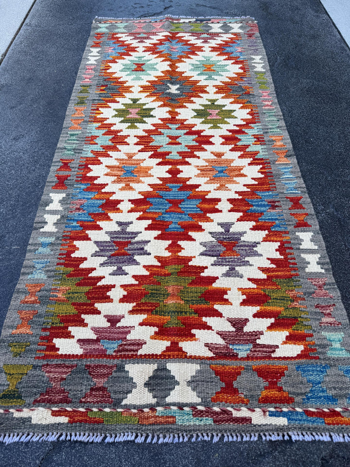 2x5 Handmade Afghan Kilim Runner Rug | Grey Burnt Rust Orange Cream Ivory Denim Sky Blue Teal Moss Pine Green | Wool Flatwoven