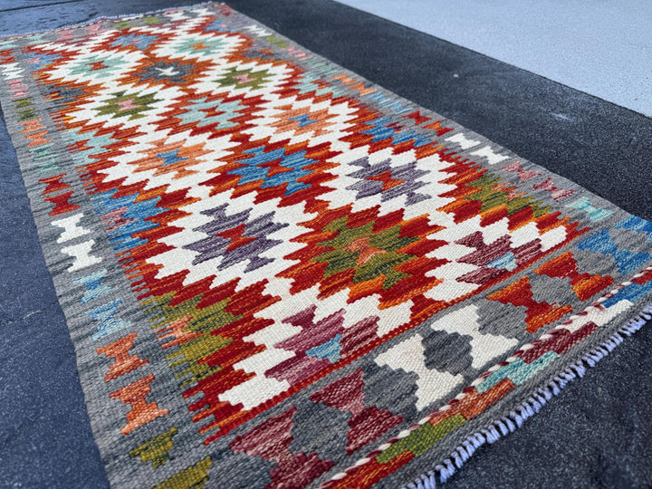 2x5 Handmade Afghan Kilim Runner Rug | Grey Burnt Rust Orange Cream Ivory Denim Sky Blue Teal Moss Pine Green | Wool Flatwoven