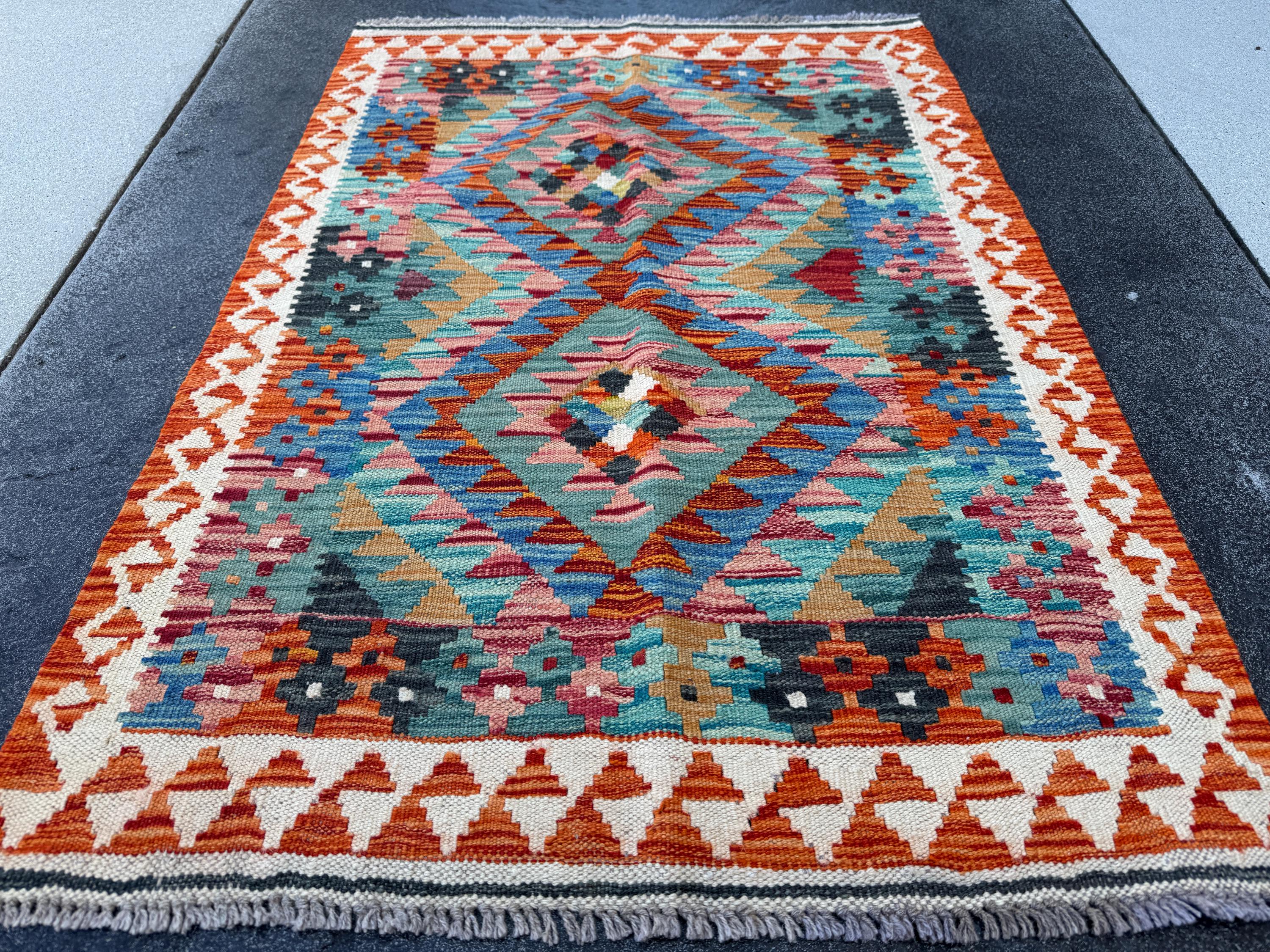 3x4 Handmade Afghan Kilim Rug | Teal Denim Blue Tan Burnt Rust Orange Charcoal Ivory Cream Brick Red Turquoise Black | Wool Flatwoven