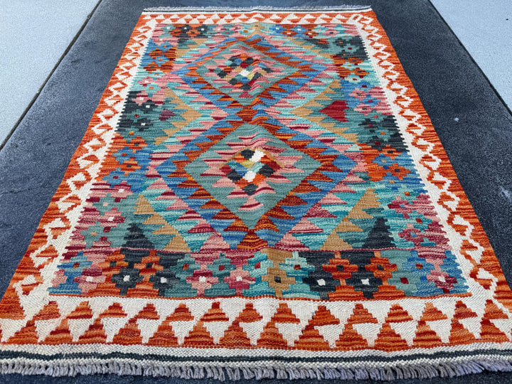 3x4 Handmade Afghan Kilim Rug | Teal Denim Blue Tan Burnt Rust Orange Charcoal Ivory Cream Brick Red Turquoise Black | Wool Flatwoven