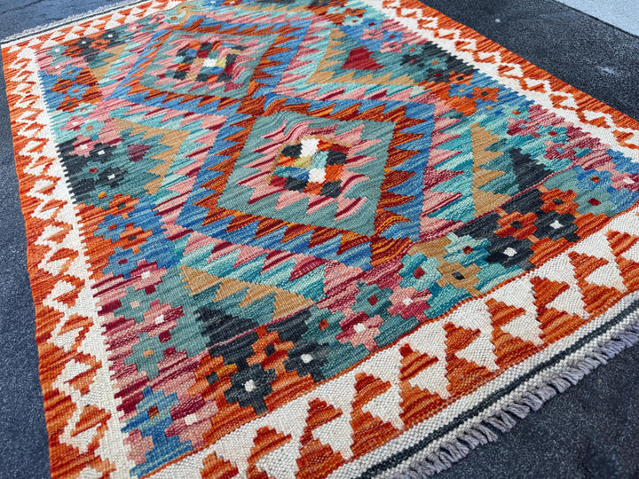 3x4 Handmade Afghan Kilim Rug | Teal Denim Blue Tan Burnt Rust Orange Charcoal Ivory Cream Brick Red Turquoise Black | Wool Flatwoven