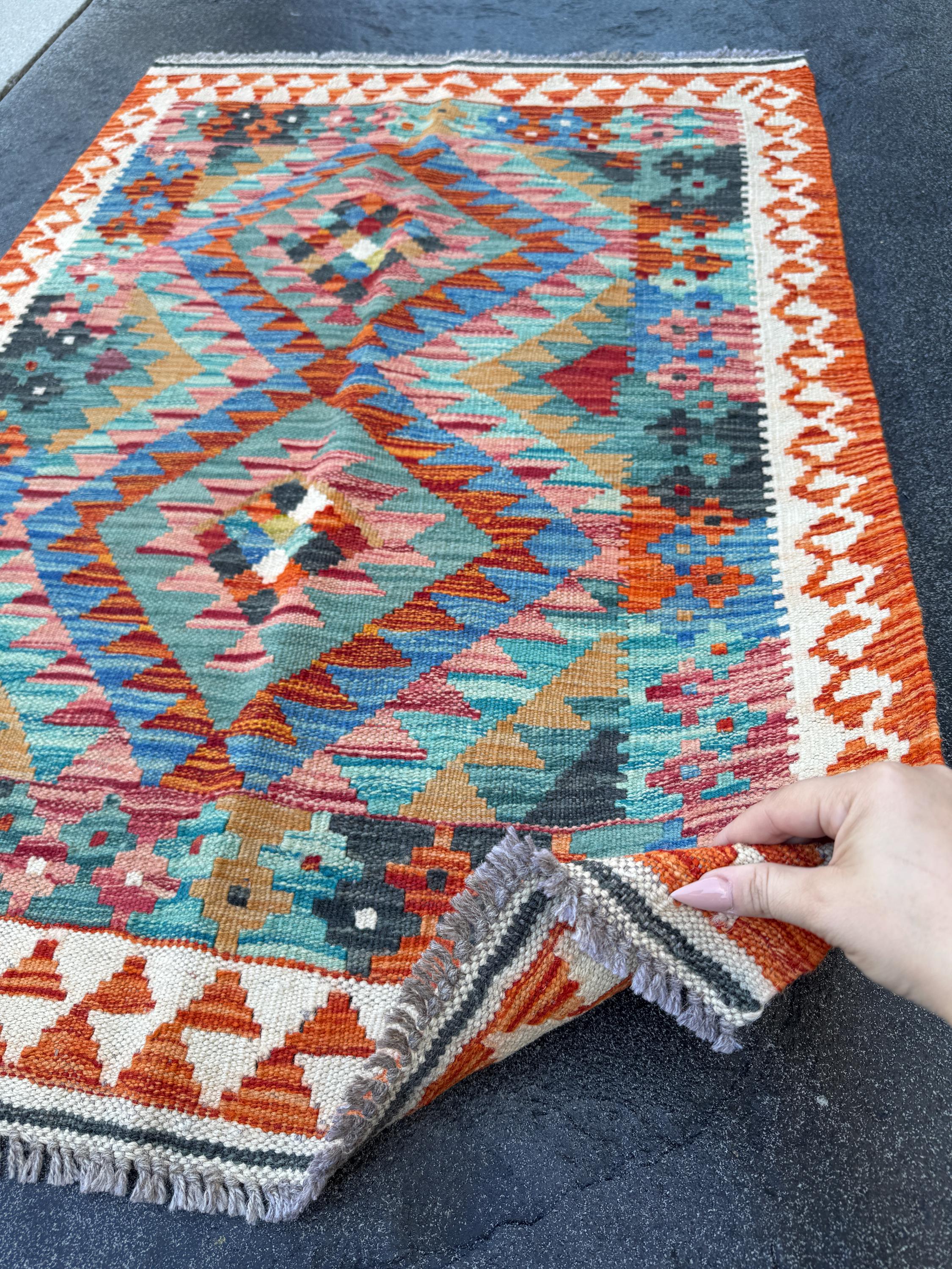 3x4 Handmade Afghan Kilim Rug | Teal Denim Blue Tan Burnt Rust Orange Charcoal Ivory Cream Brick Red Turquoise Black | Wool Flatwoven