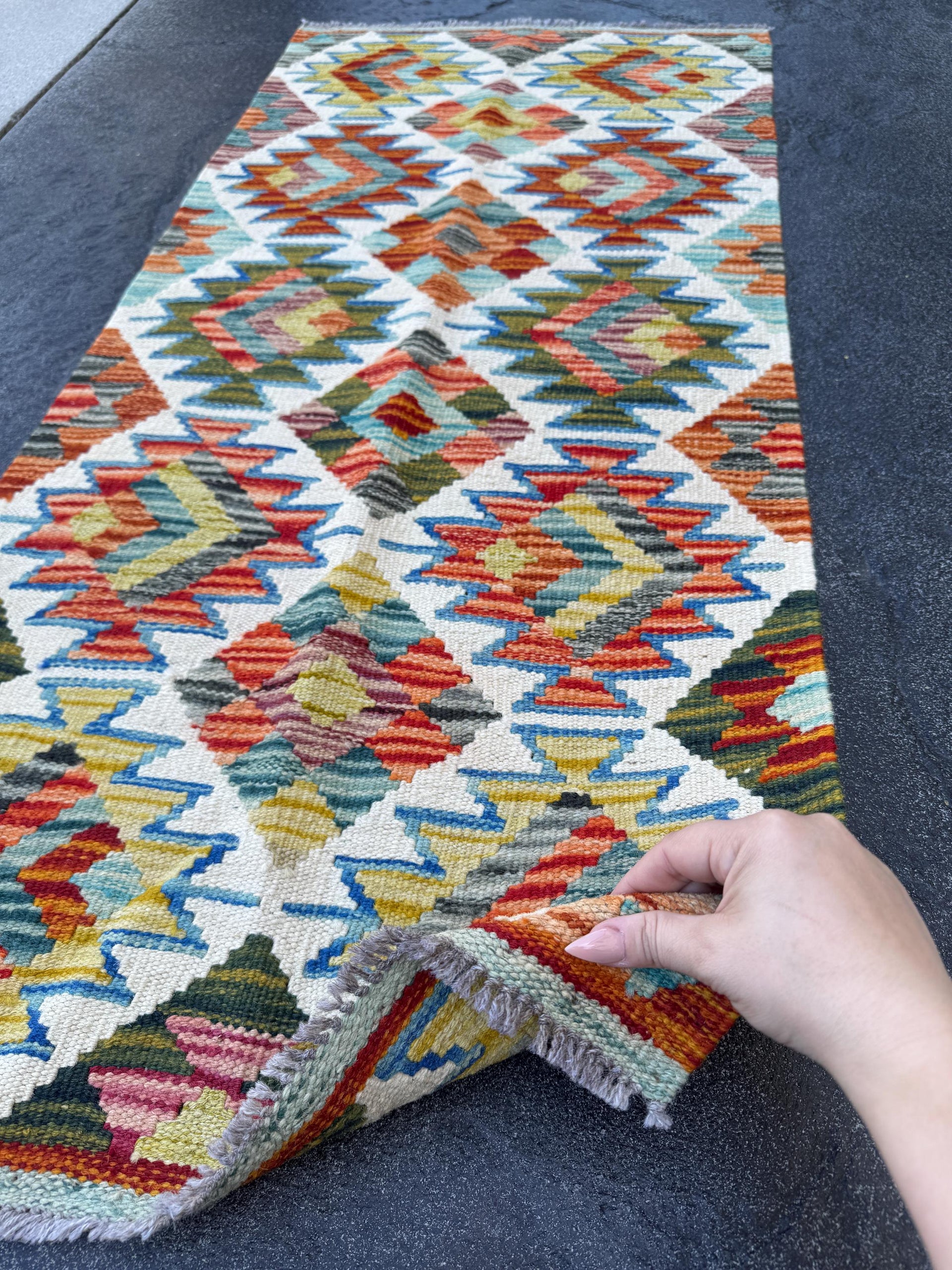 2x5 Handmade Afghan Kilim Runner Rug | Ivory Olive Moss Pine Green Burnt Rust Orange Charcoal Grey Teal Denim Blue Maroon Brick Red | Wool