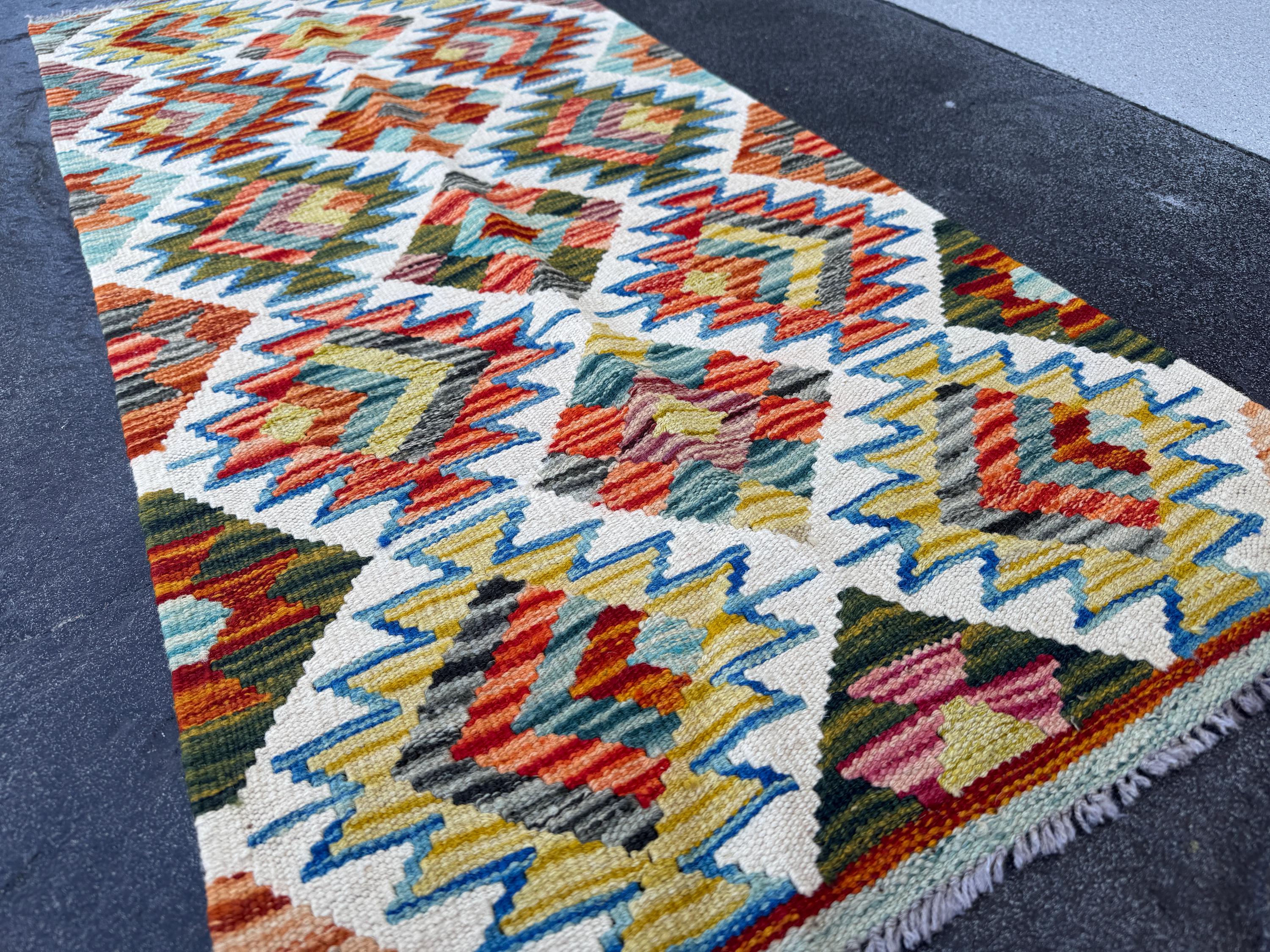 2x5 Handmade Afghan Kilim Runner Rug | Ivory Olive Moss Pine Green Burnt Rust Orange Charcoal Grey Teal Denim Blue Maroon Brick Red | Wool