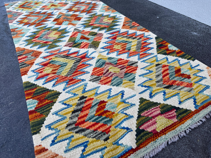 2x5 Handmade Afghan Kilim Runner Rug | Ivory Olive Moss Pine Green Burnt Rust Orange Charcoal Grey Teal Denim Blue Maroon Brick Red | Wool