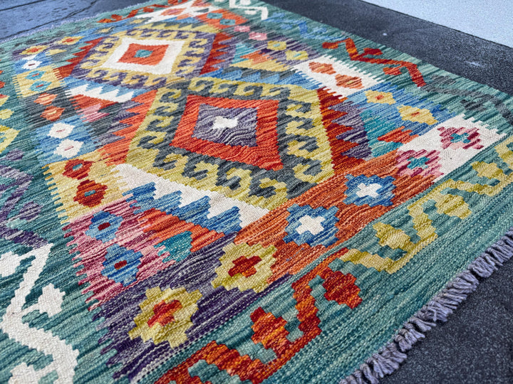 3x5 (91x152) Handmade Afghan Kilim Rug | Teal Denim Blue Olive Moss Green Charcoal Grey Cream Beige Ivory Mustard Gold Burnt Orange | Wool