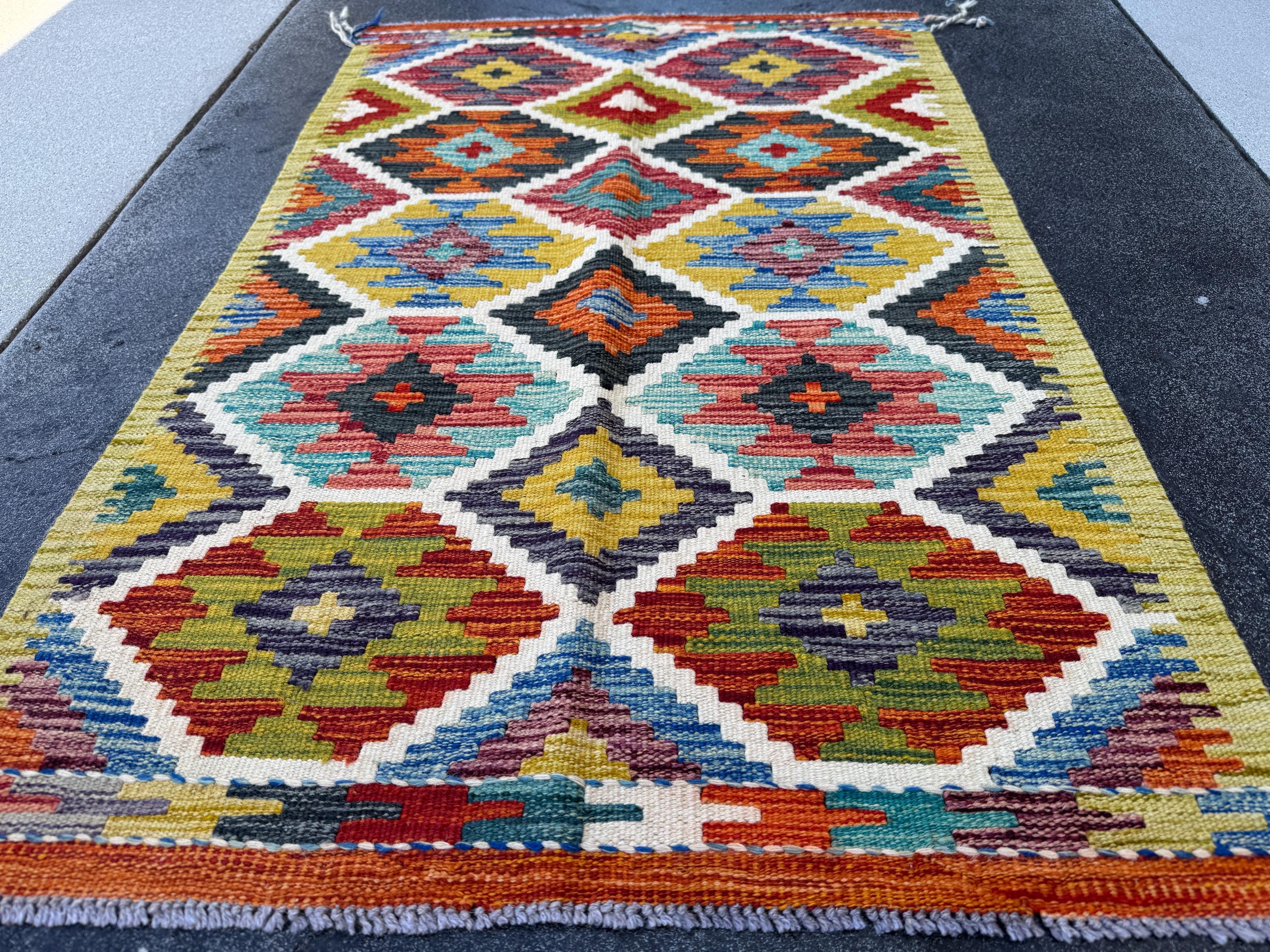 3x4 Handmade Afghan Kilim Rug | Olive Moss Green Teal Rust Orange Mustard Gold Charcoal Grey Denim Sky Blue Brick Red | Wool Flatwoven