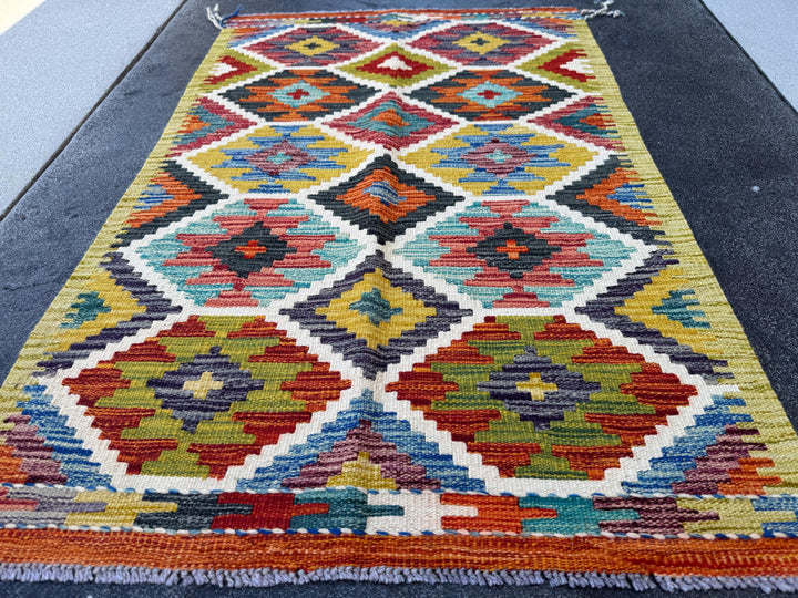 3x4 Handmade Afghan Kilim Rug | Olive Moss Green Teal Rust Orange Mustard Gold Charcoal Grey Denim Sky Blue Brick Red | Wool Flatwoven