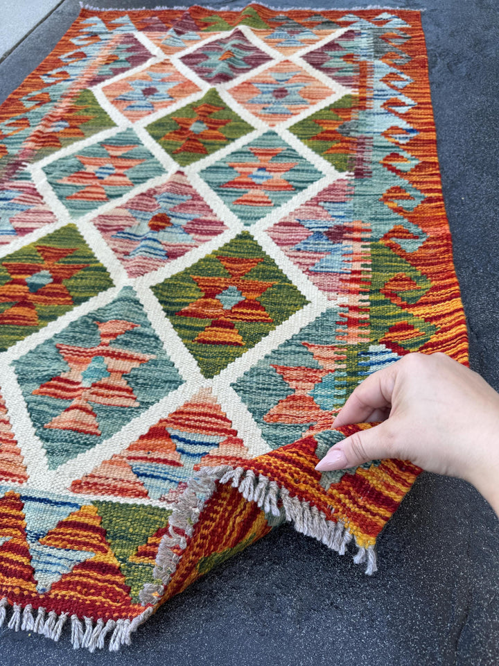 3x4 Handmade Afghan Kilim Rug | Burnt Orange Moss Olive Pine Green Brick Red Ivory Cream Teal Denim Blue | Wool Flatwoven