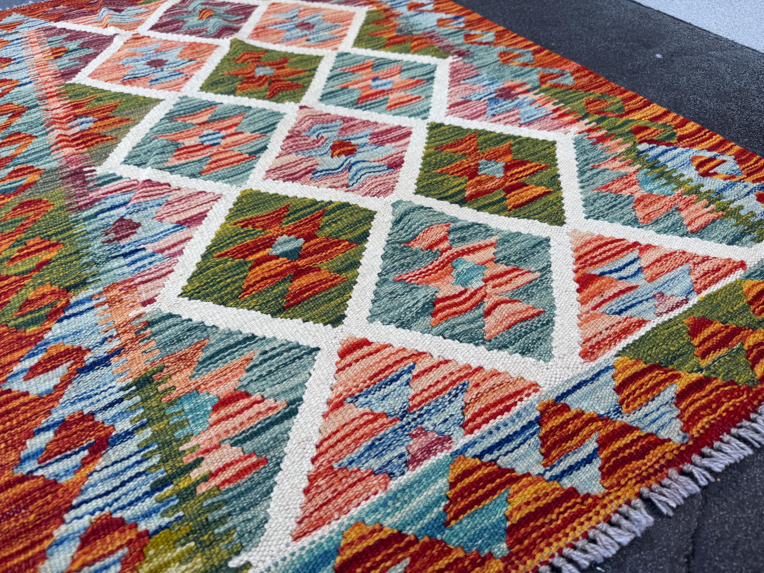 3x4 Handmade Afghan Kilim Rug | Burnt Orange Moss Olive Pine Green Brick Red Ivory Cream Teal Denim Blue | Wool Flatwoven