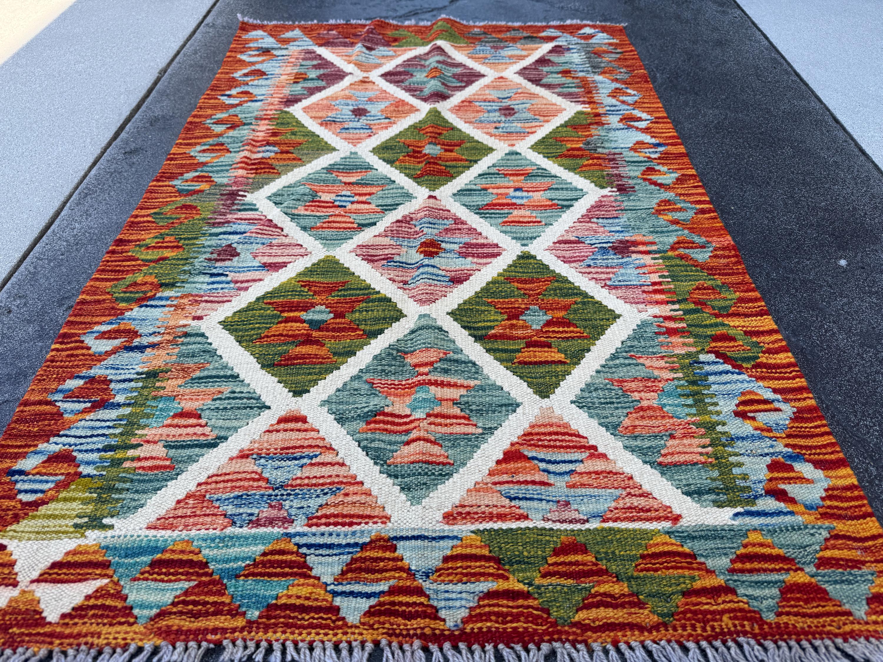 3x4 Handmade Afghan Kilim Rug | Burnt Orange Moss Olive Pine Green Brick Red Ivory Cream Teal Denim Blue | Wool Flatwoven