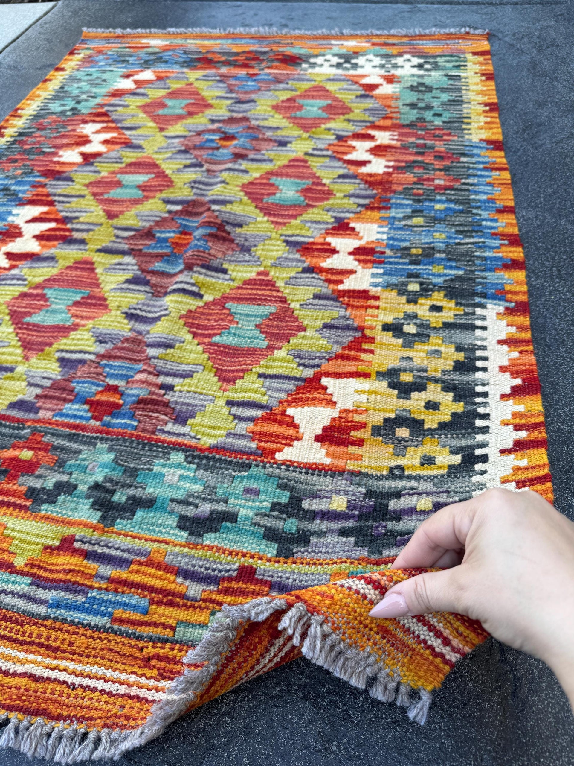 3x4 Handmade Afghan Kilim Rug | Burnt Rust Orange Charcoal Light Grey Olive Green Teal Denim Navy Blue Blood Red Mustard | Wool Flatwoven