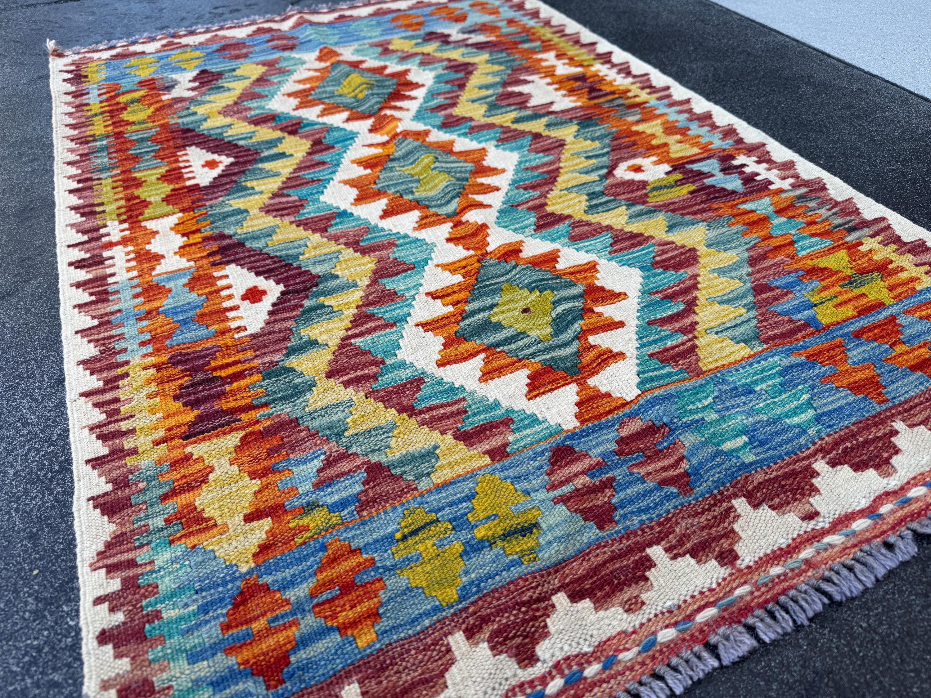 3x4 Handmade Afghan Kilim Rug | Burnt Rust Orange Teal Maroon Denim Blue Ivory Olive Moss Green Mustard Gold Charcoal | Wool Flatwoven