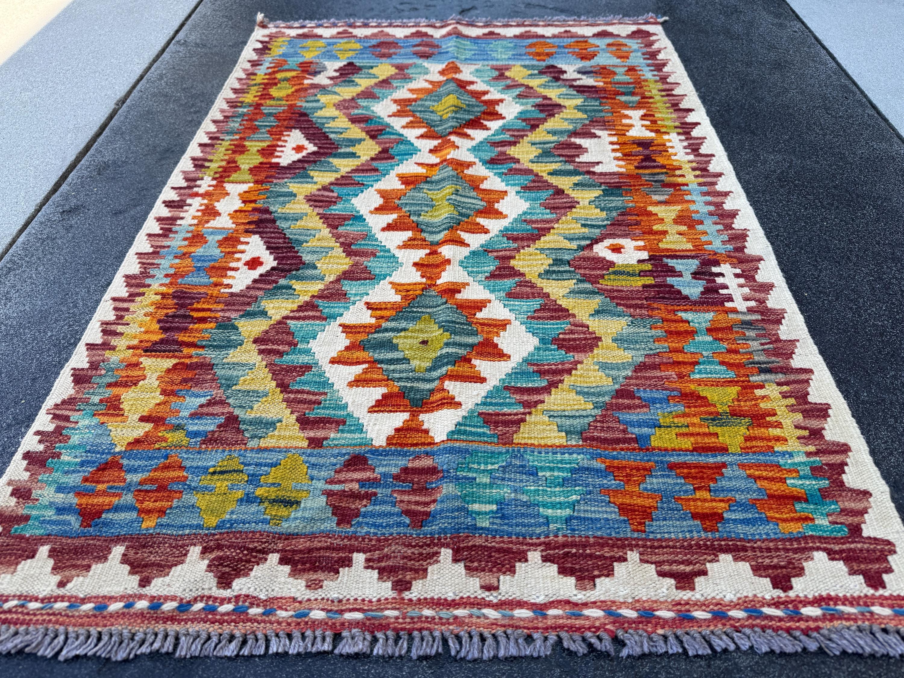 3x4 Handmade Afghan Kilim Rug | Burnt Rust Orange Teal Maroon Denim Blue Ivory Olive Moss Green Mustard Gold Charcoal | Wool Flatwoven