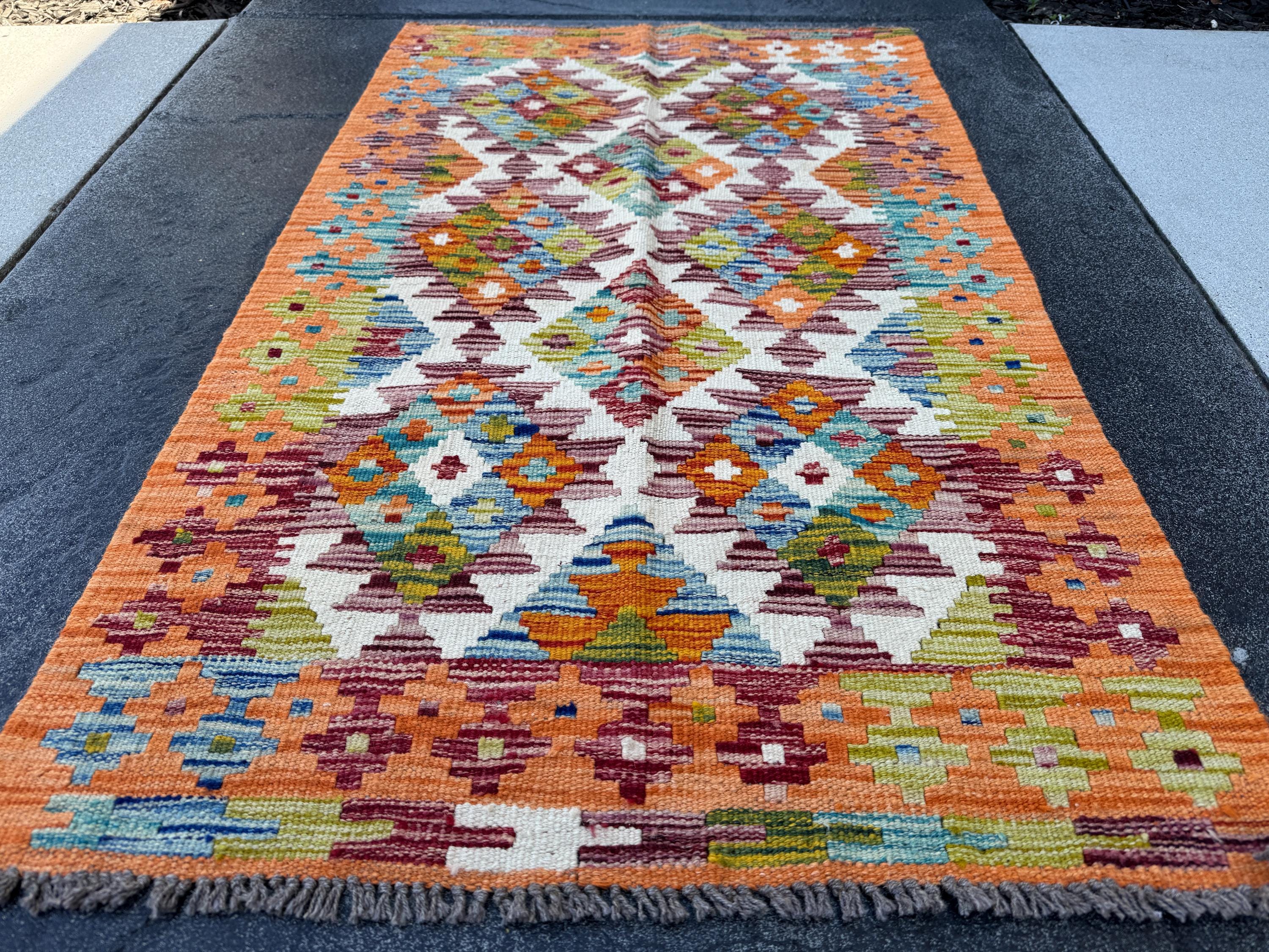3x4 Handmade Afghan Kilim Rug | Burnt Rust Orange Maroon Denim Blue Teal Ivory Olive Moss Pine Green Brick Blood Red | Wool Flatwoven