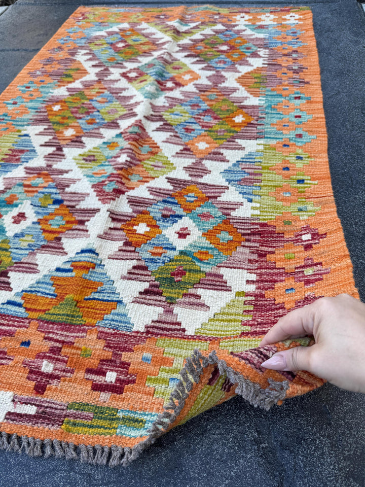 3x4 Handmade Afghan Kilim Rug | Burnt Rust Orange Maroon Denim Blue Teal Ivory Olive Moss Pine Green Brick Blood Red | Wool Flatwoven