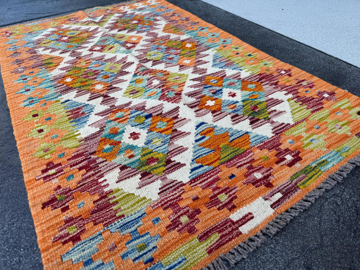 3x4 Handmade Afghan Kilim Rug | Burnt Rust Orange Maroon Denim Blue Teal Ivory Olive Moss Pine Green Brick Blood Red | Wool Flatwoven