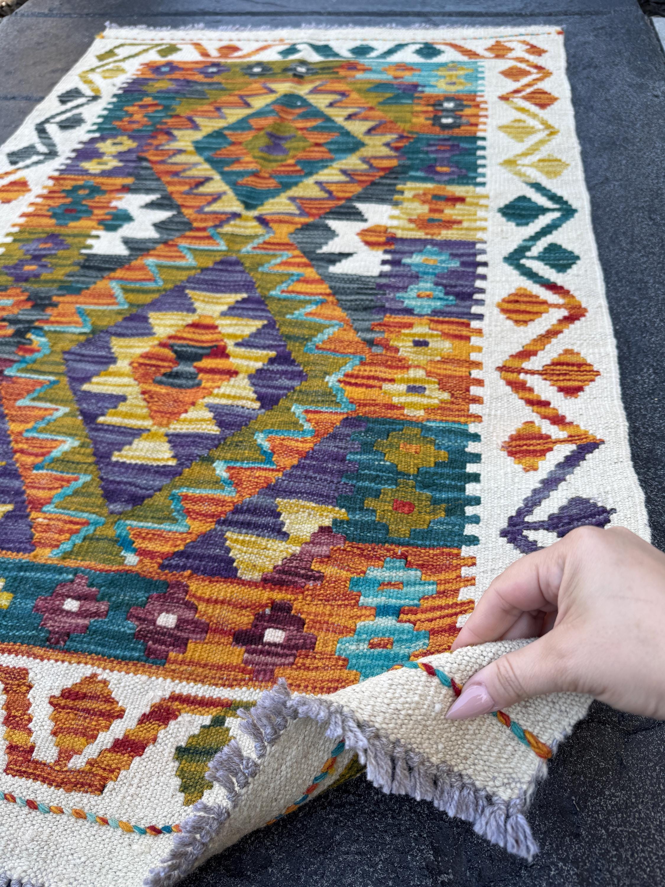 3x4 Handmade Afghan Kilim Rug | Cream Burnt Orange Charcoal Grey Black Teal Pine Forest Green Mustard Gold Ivory Chocolate | Wool Flatwoven