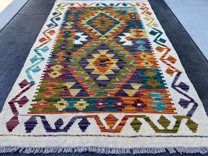 3x4 Handmade Afghan Kilim Rug | Cream Burnt Orange Charcoal Grey Black Teal Pine Forest Green Mustard Gold Ivory Chocolate | Wool Flatwoven