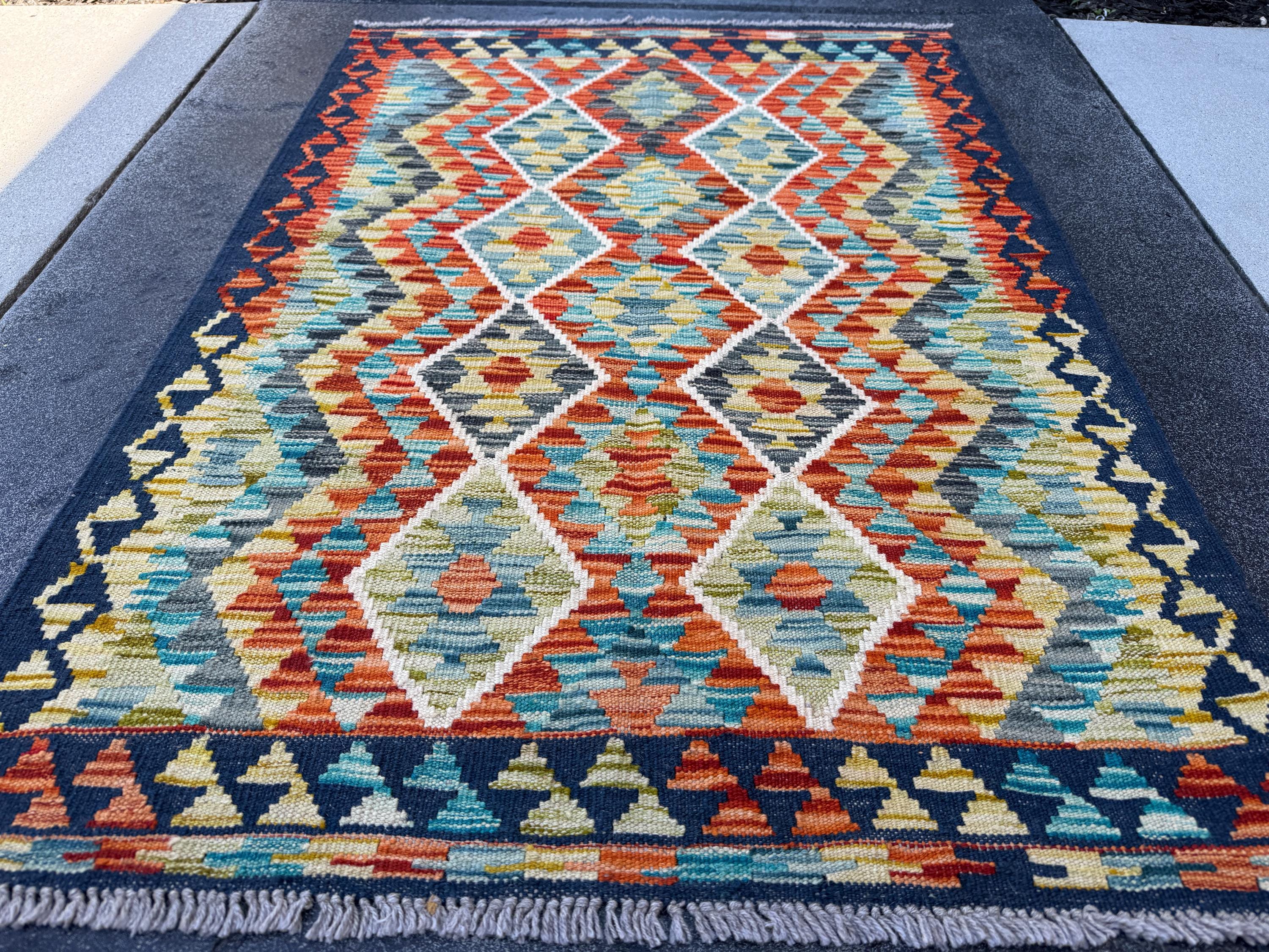 3x4 Handmade Afghan Kilim Rug | Burnt Rust Orange Charcoal Grey Black Teal Pine Olive Moss Green Mustard Gold Ivory | Wool Flatwoven