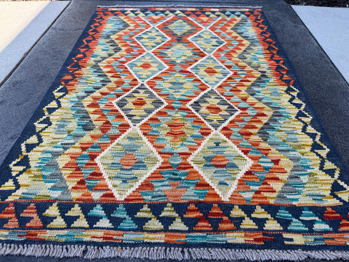 3x4 Handmade Afghan Kilim Rug | Burnt Rust Orange Charcoal Grey Black Teal Pine Olive Moss Green Mustard Gold Ivory | Wool Flatwoven
