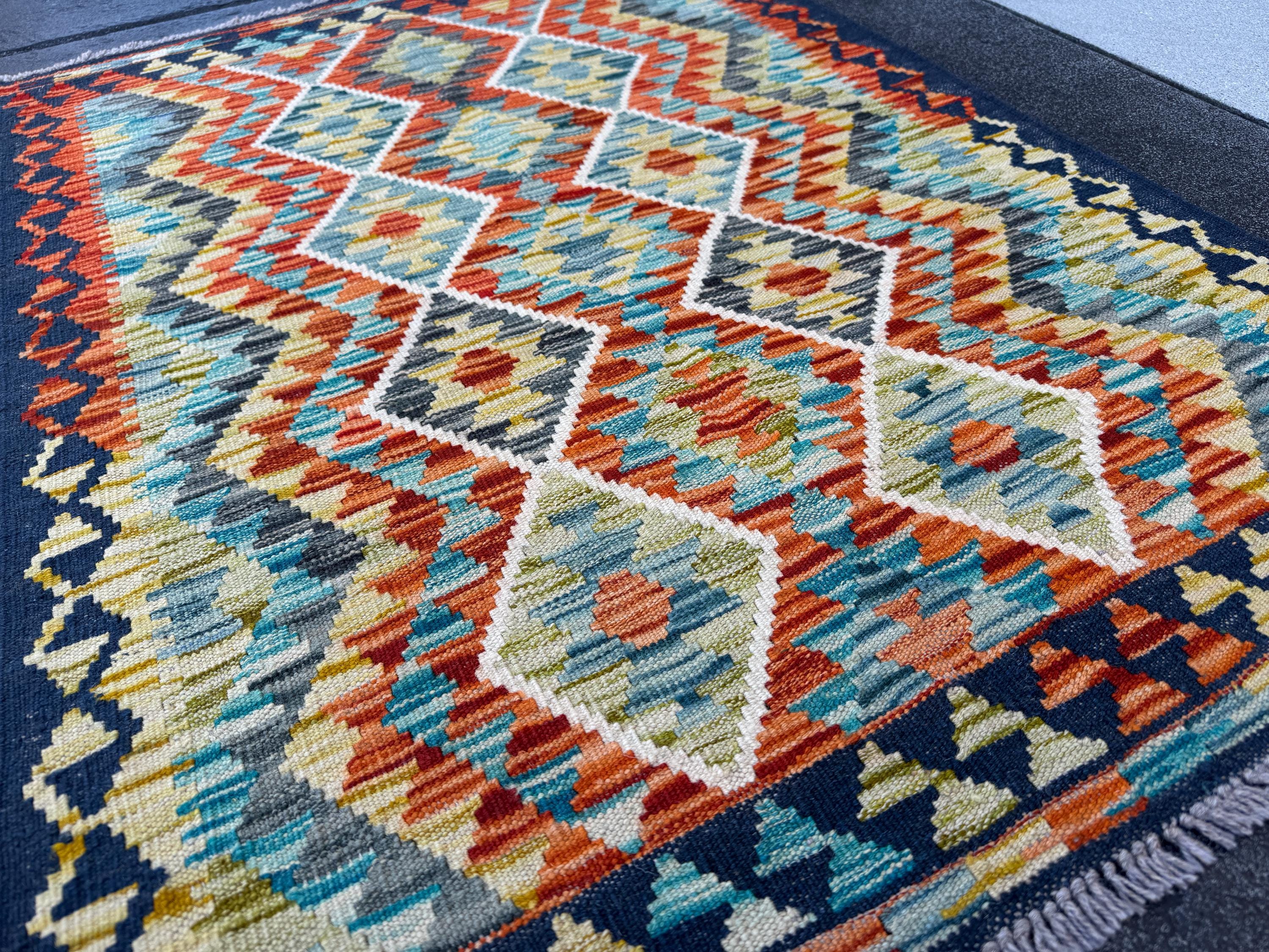 3x4 Handmade Afghan Kilim Rug | Burnt Rust Orange Charcoal Grey Black Teal Pine Olive Moss Green Mustard Gold Ivory | Wool Flatwoven