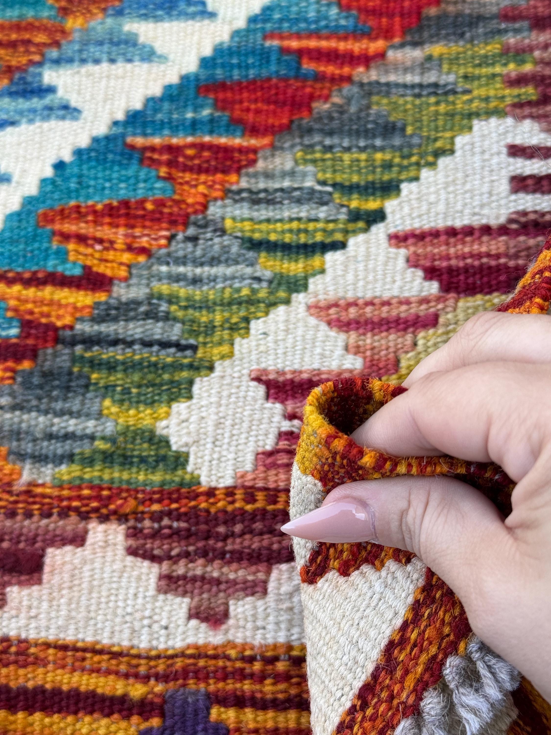 3x4 Handmade Afghan Kilim Rug | Cream White Teal Aqua Sky Blue Olive Green Mustard Golden Yellow Rust Brick Red Burgundy Plum Grey
