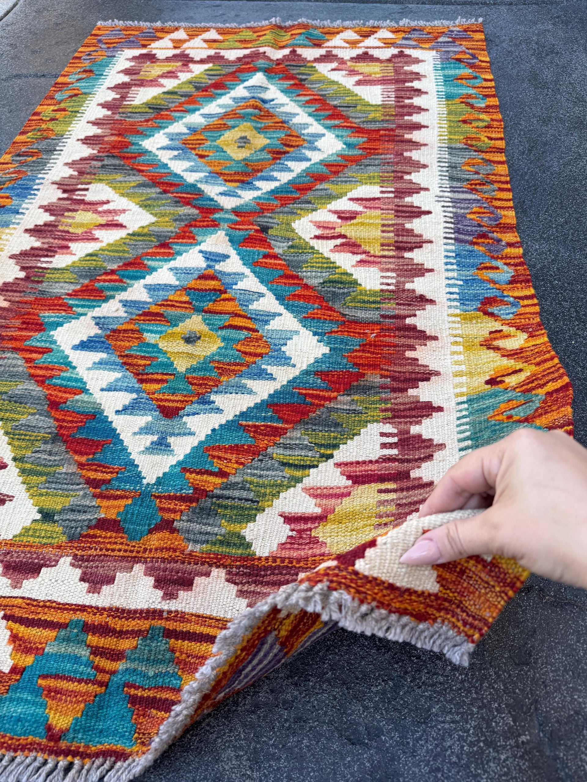 3x4 Handmade Afghan Kilim Rug | Cream White Teal Aqua Sky Blue Olive Green Mustard Golden Yellow Rust Brick Red Burgundy Plum Grey