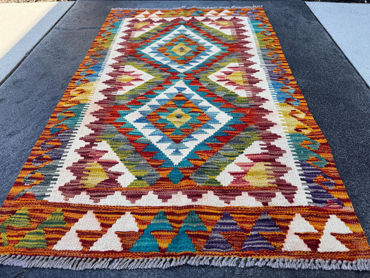 3x4 Handmade Afghan Kilim Rug | Cream White Teal Aqua Sky Blue Olive Green Mustard Golden Yellow Rust Brick Red Burgundy Plum Grey