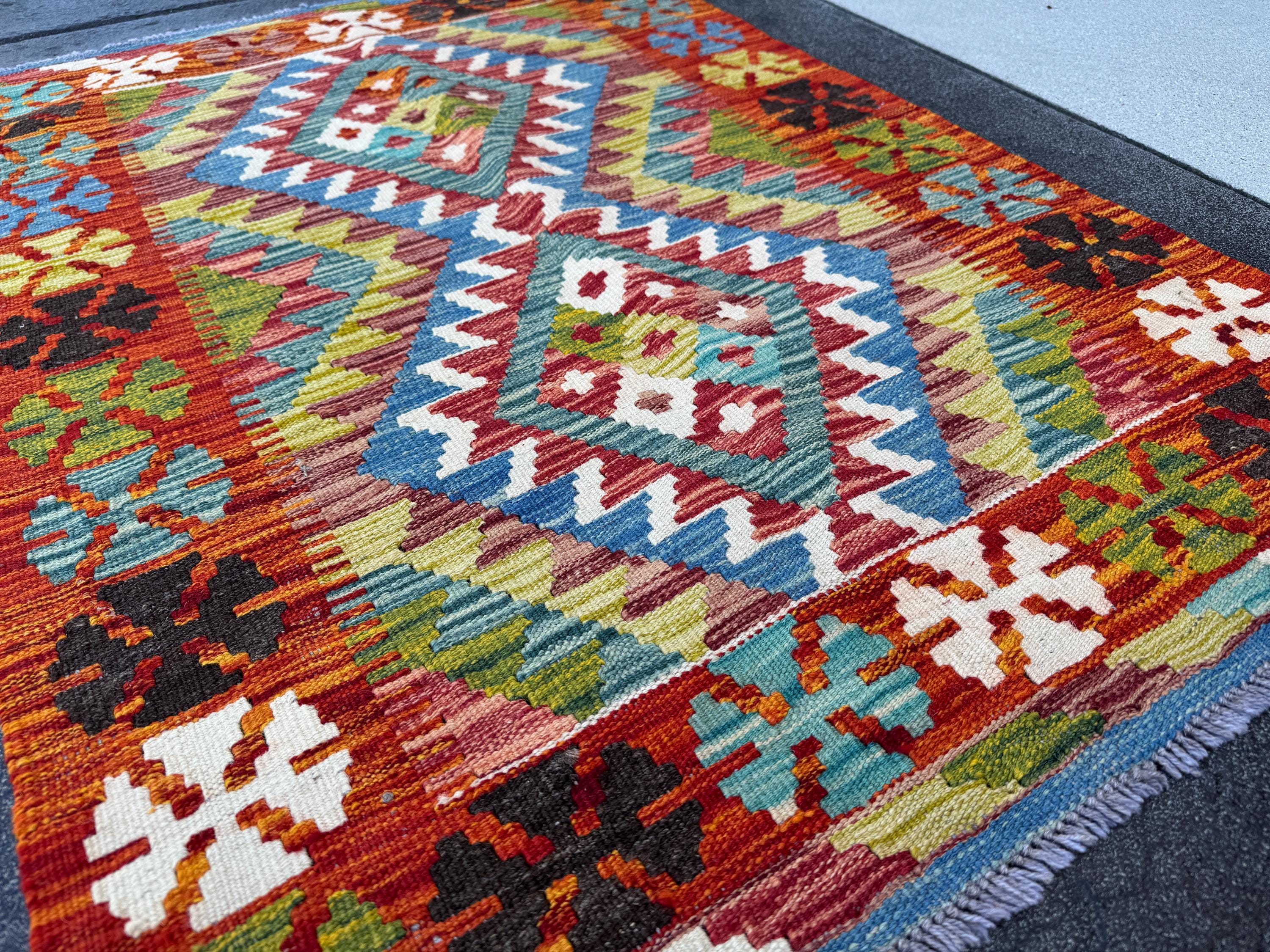 3x4 Handmade Afghan Kilim Rug | Rust Red Burnt Orange Copper Cream White Olive Green Moss Teal Blue Aqua Sky Blue Plum Black