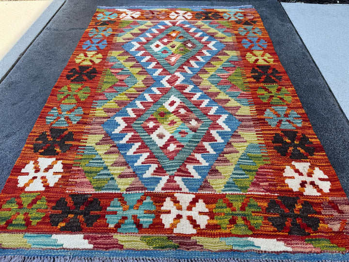 3x4 Handmade Afghan Kilim Rug | Rust Red Burnt Orange Copper Cream White Olive Green Moss Teal Blue Aqua Sky Blue Plum Black